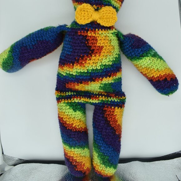 Hand crafted Crochet Rainbow Doll Plush With Yellow Bow Tie and Embroidered face